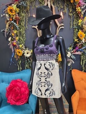 Free People Purple and Cream Embroidered Mini Dress